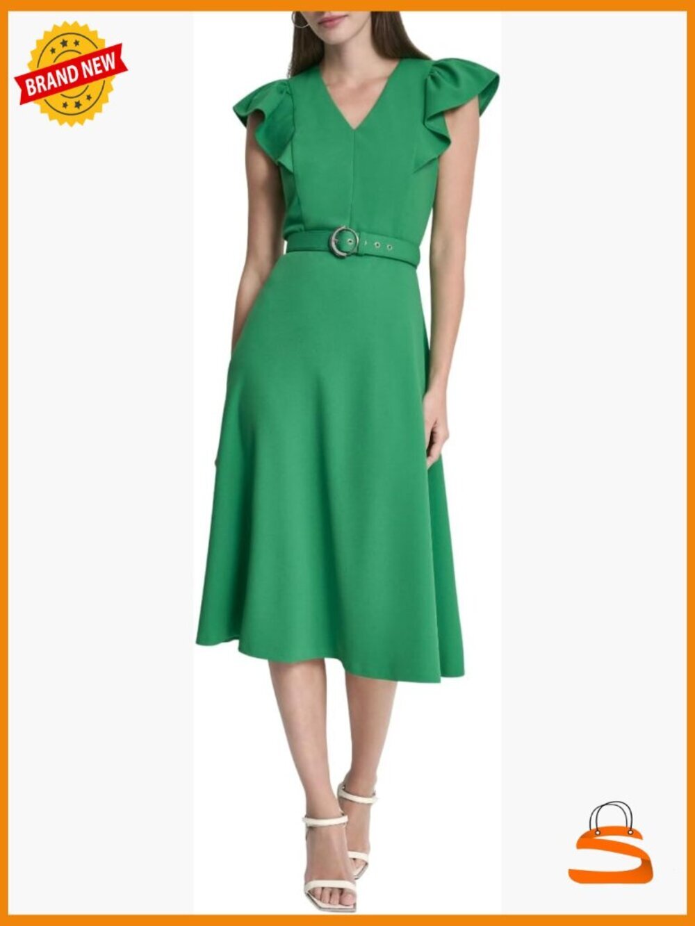 Short Flutter Sleeve V-Neck Scuba Crepe Fit and Flare Midi Dress